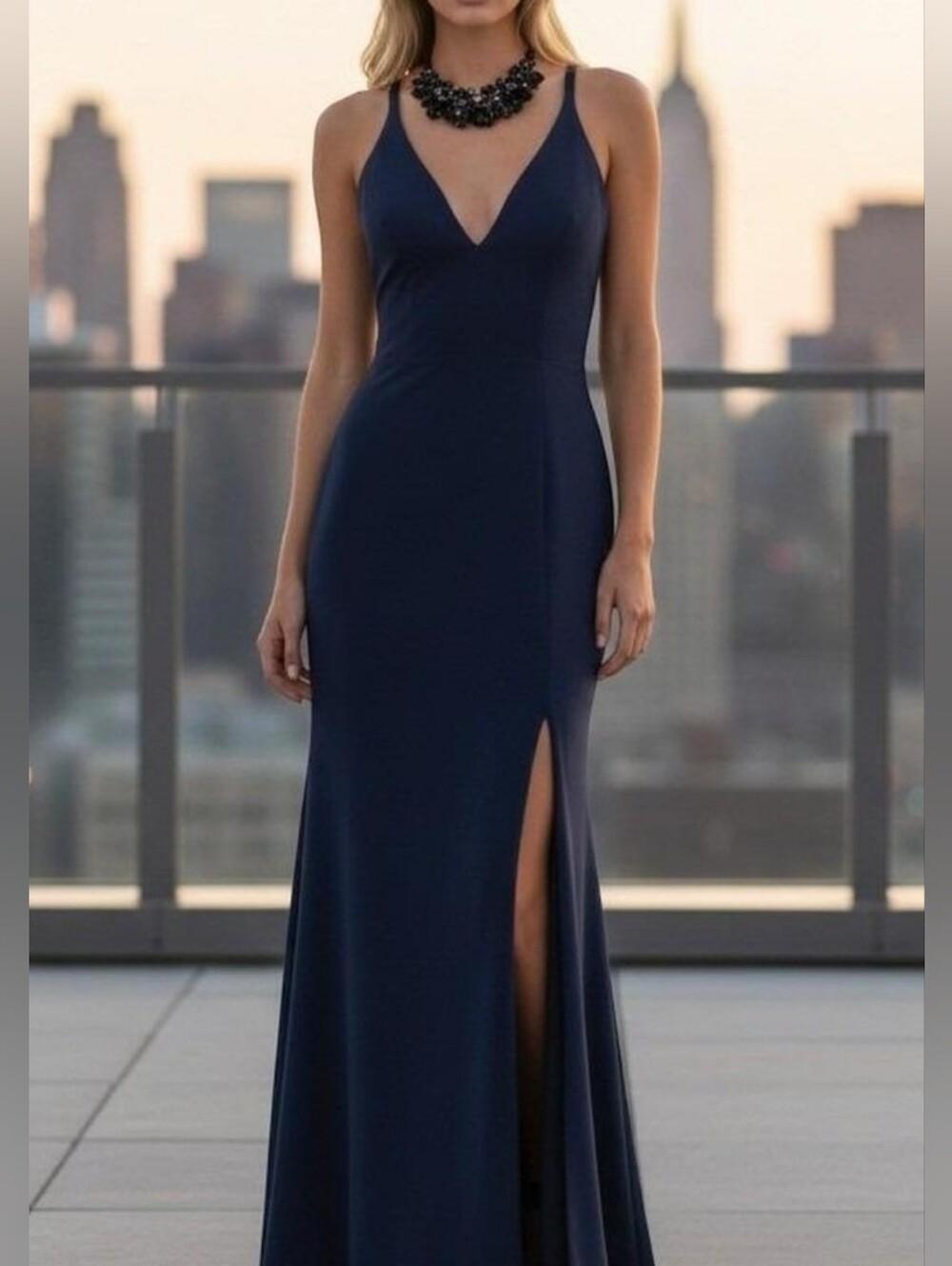 Dress The Population Elegant Navy V-Neck Evening Gown High Slit Trumpet Medium